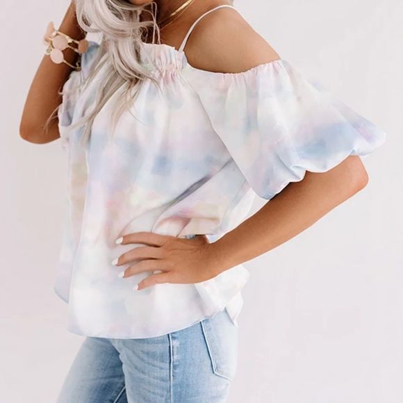 NWOT”Fate” Cold Shoulder Watercolor Top - Picture 4 of 7